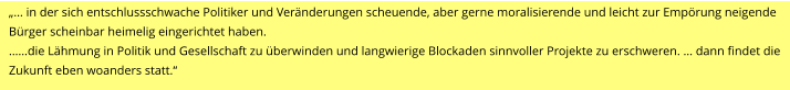 „… in der sich entschlussschwache Politiker und Veränderungen scheuende, aber gerne moralisierende und leicht zur Empörung neigende Bürger scheinbar heimelig eingerichtet haben.  ……die Lähmung in Politik und Gesellschaft zu überwinden und langwierige Blockaden sinnvoller Projekte zu erschweren. … dann findet die Zukunft eben woanders statt.“